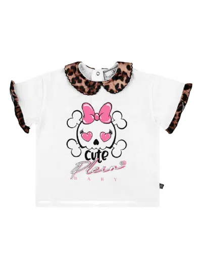Philipp Plein Junior Babies' Ruffled Leopard-print Collar T-shirt In White