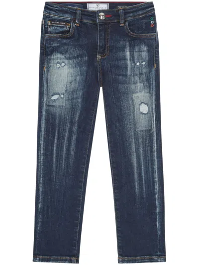 Philipp Plein Junior Kids' Skull & Bones Jeans In Blue