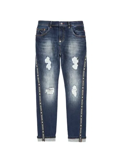 Philipp Plein Junior Kids' Skull Distressed Jeans In Blue