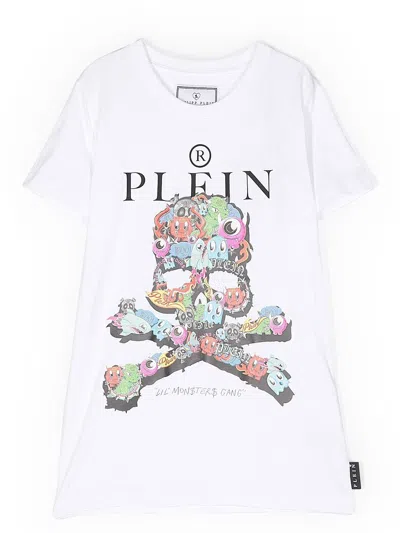 Philipp Plein Junior Skull-print Graphic T-shirt In Weiss