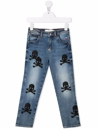Philipp Plein Junior Kids' Skull-patch Jeans In Blue