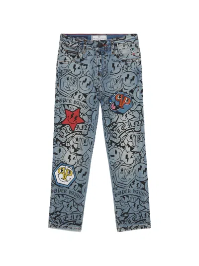 Philipp Plein Junior Kids' Smile Appliqué Jeans In Blue