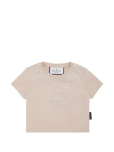 Philipp Plein Junior Kids' Strass Hexagon Cropped T-shirt In Neutral