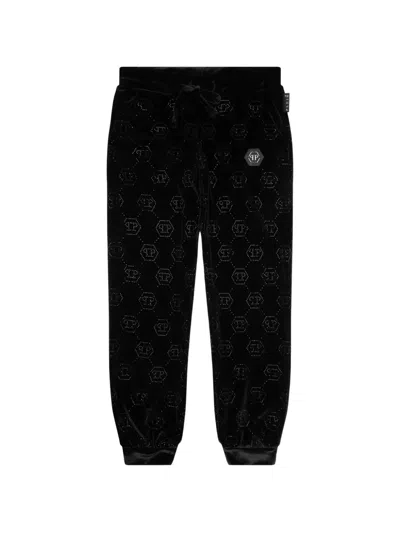 Philipp Plein Junior Kids' Strass Monogram Jogging Trousers In Black