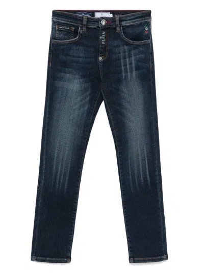 Philipp Plein Junior Kids' Super Straight Cut Jeans In Blue