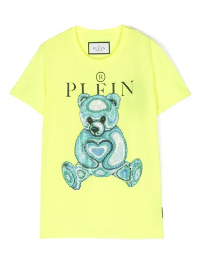 Philipp Plein Junior Kids' Teddy Bear-embellished Cotton T-shirt In Yellow