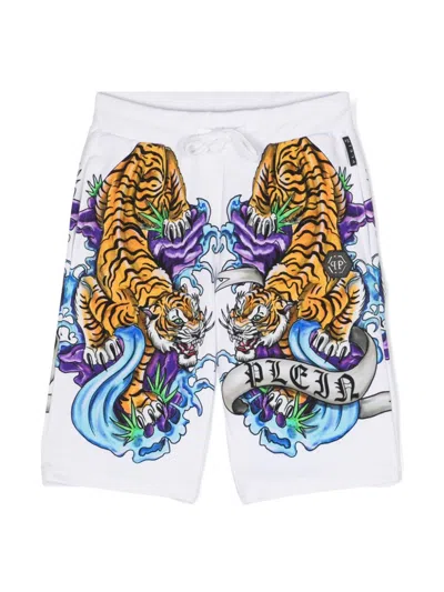 Philipp Plein Junior Kids' Tiger-print Track Shorts In White