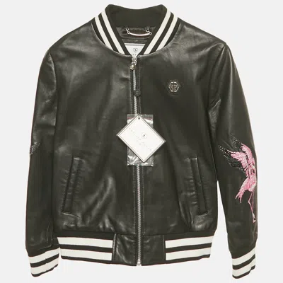 Pre-owned Philipp Plein Kids Black Flamingo Rhinestone Leather Jacket 8 Yrs