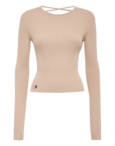 Philipp Plein Knit Criss Cross Top In Beige