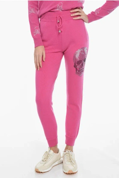 Philipp Plein Knit Skull Joggers With Rhinestone Application In Pink