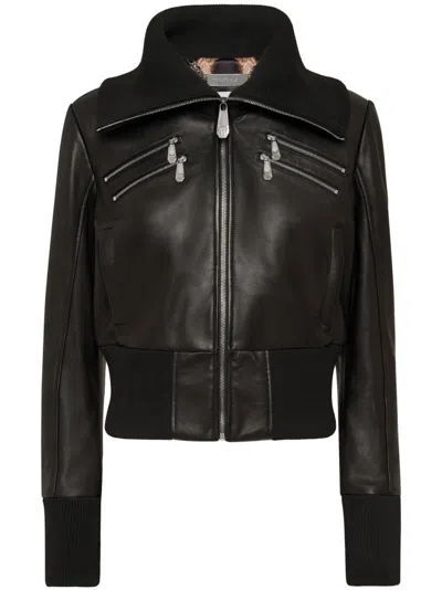 Philipp Plein Knitted-collar Zipped Leather Jacket In Black