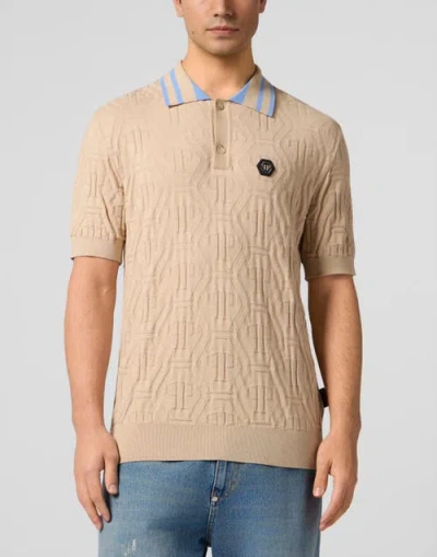 Philipp Plein Knitted Polo T-shirt Jacquard Monogram Men In Brown