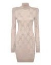 Philipp Plein Knitted Strass Mini Dress With Padded Shoulders Monogram In Beige