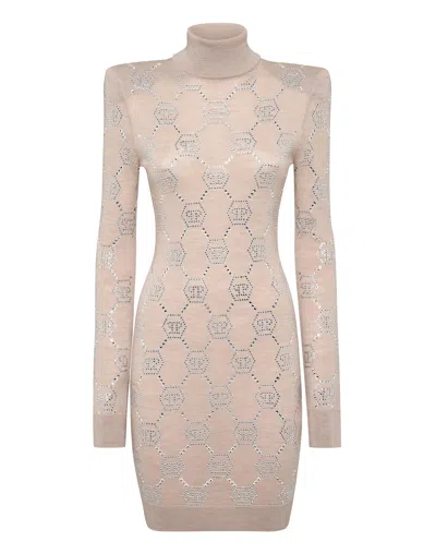 Philipp Plein Knitted Strass Mini Dress With Padded Shoulders Monogram In Neutral
