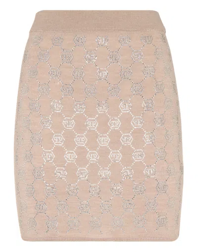 Philipp Plein Knitted Strass Mini Skirt Monogram In Beige