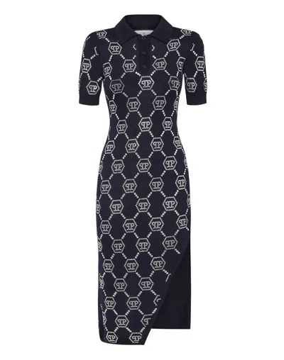 Philipp Plein Knitted Strass Polo Dress With Padded Shoulders Monogram In Black