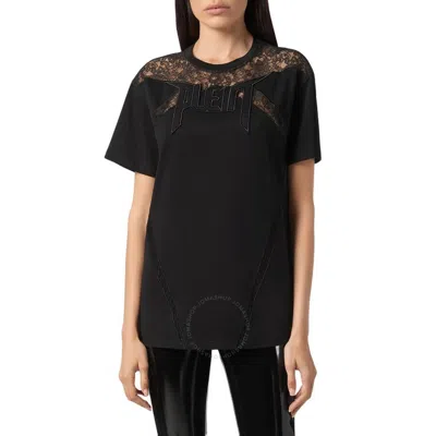 Philipp Plein Lace Insert Round Neck T-shirt In Black