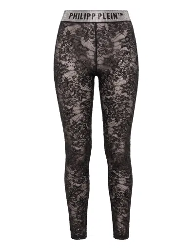 Philipp Plein Lace Leggings Monogram Strass Monogram Strass In Black