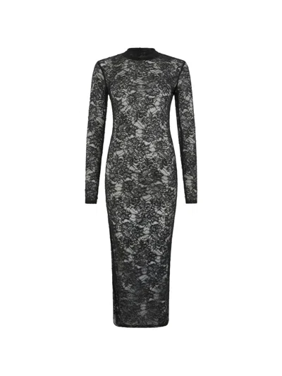 Philipp Plein Lace Open Back Long Dress Monogram Strass Monogram Strass In Black