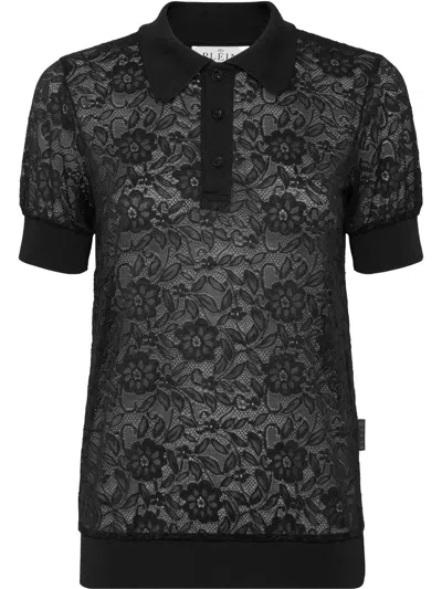 Philipp Plein Lace Polo Top In Black