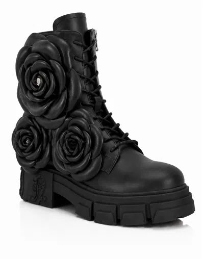 Philipp Plein Lace-up Boots Gothic Plein Flowers In Black
