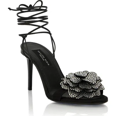 Philipp Plein Lace-up High Heels Sandals Strass Flower 9 Women In Black