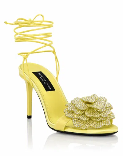 Philipp Plein Lace-up High Heels Sandals Strass Flower 9 In Yellow