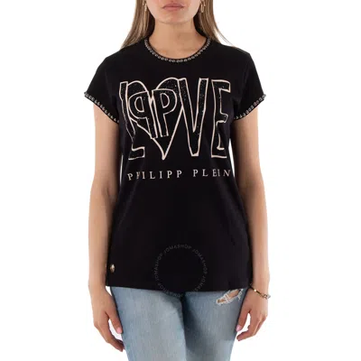 Philipp Plein Ladies Love Crystal Logo Cotton T-shirt In Black