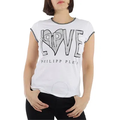 Philipp Plein Ladies White/multi Love Crystal Logo Cotton T-shirt