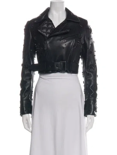 Pre-owned Philipp Plein Lamb Leather Graphic Print Biker Jacket In Green