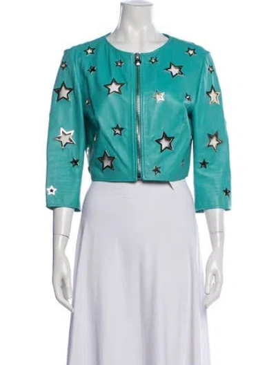 Pre-owned Philipp Plein Lamb Leather Graphic Print Jacket In Green