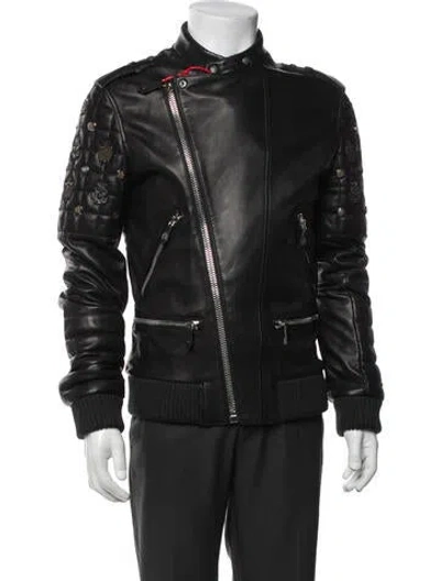 Pre-owned Philipp Plein Lamb Leather Moto Jacket In Gray