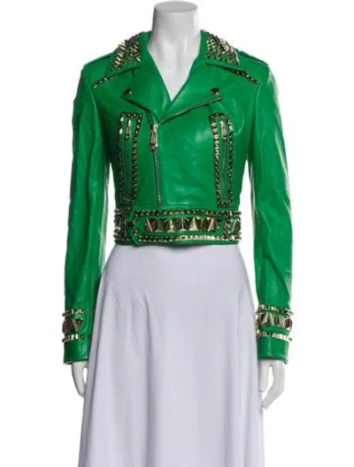 Pre-owned Philipp Plein Lamb Leather Printed Biker Jacket In Green