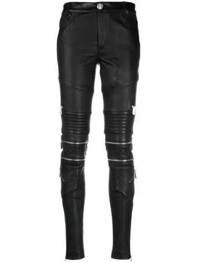 Philipp Plein Lambskin Skinny-fit Zipped Trousers In Black
