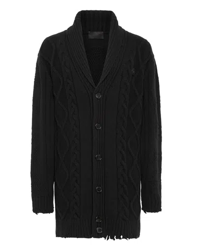Philipp Plein Lambswool Cardigan Skull & Bones In Black