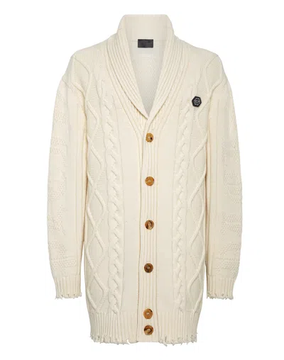 Philipp Plein Lambswool Cardigan Skull & Bones In White