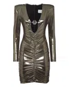 PHILIPP PLEIN LAMÉ FABRIC PADDED SHOULDER MINI DRESS LS