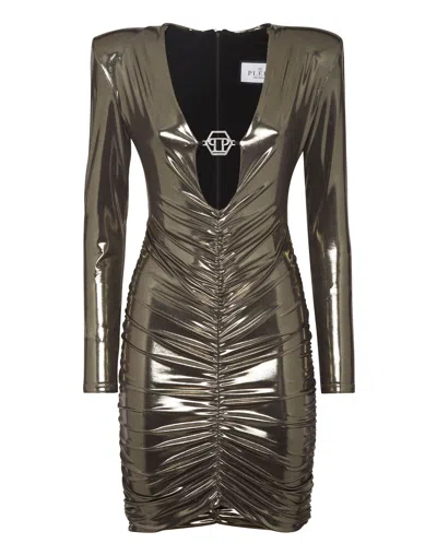 Philipp Plein Lamé Fabric Padded Shoulder Mini Dress Ls In Gold