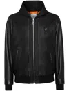 Philipp Plein Leather Hooded Bomber With Satin Inserts In Black
