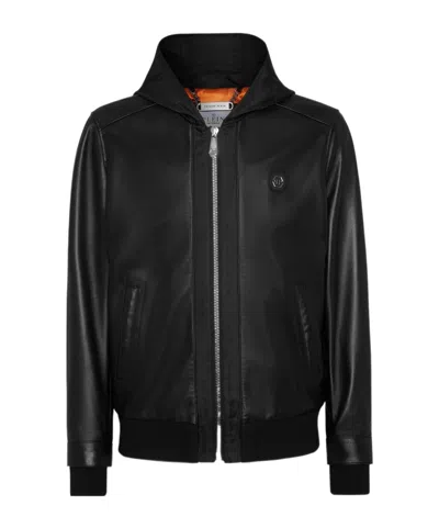 PHILIPP PLEIN LEATHER AND SATIN HOODED BOMBER JACKET