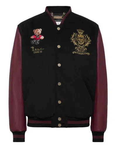 Philipp Plein Leather And Wool Varsity Bomber Jacket Teddy Bear In Multi