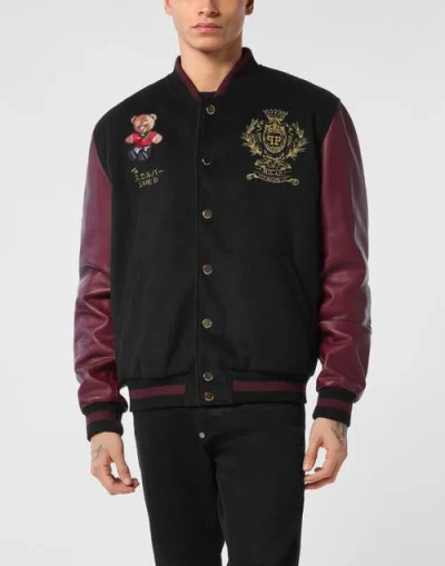 Philipp Plein Leather And Wool Varsity Bomber Jacket Teddy Bear Men In Black