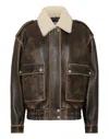 Philipp Plein Leather Aviator Jacket With Shearling Collar Signature In Brown