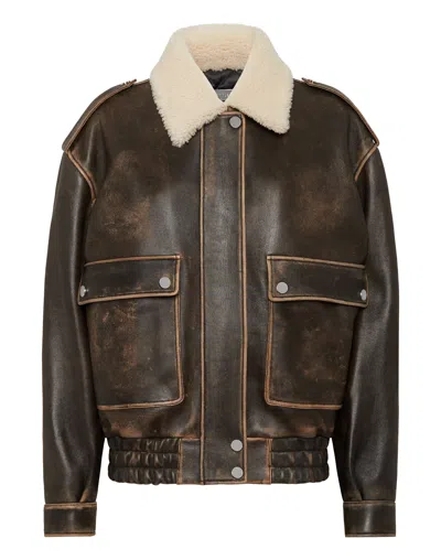 PHILIPP PLEIN LEATHER AVIATOR JACKET WITH SHEARLING COLLAR SIGNATURE