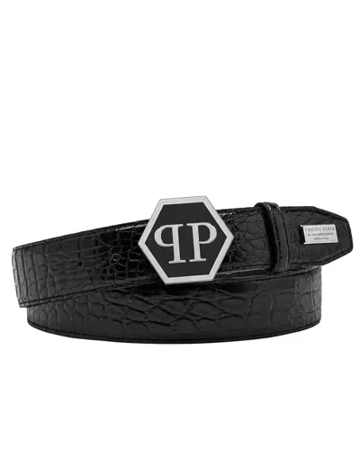 Philipp Plein Leather Belt Cocco Hexagon In Black