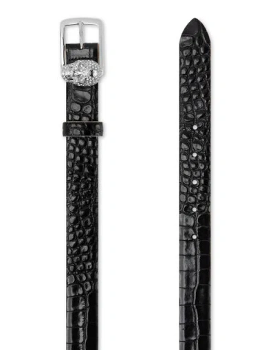 Philipp Plein Leather Belt Crocco Print Shiny Skull Women In Black