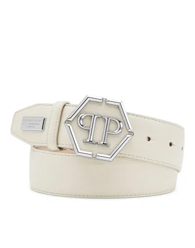 Philipp Plein Leather Belt Hexagon In Beige