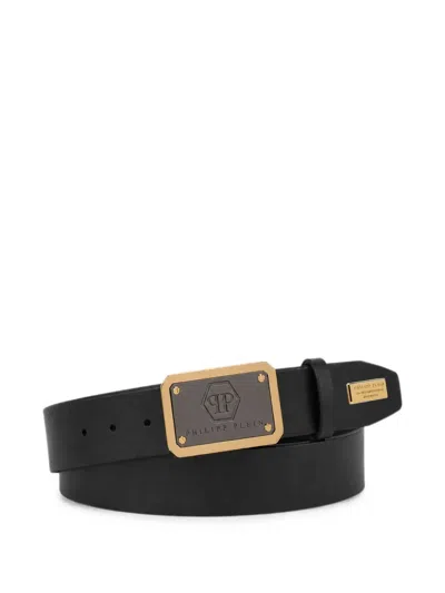 Philipp Plein Leather Belt Hexagon Logo In Black