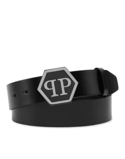 Philipp Plein Leather Belt Hexagon Men In Black