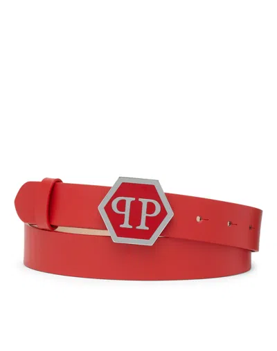 Philipp Plein Leather Belt Hexagon In Red
